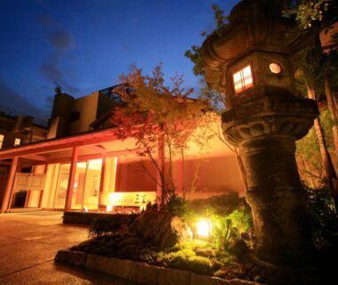 Stone lantern and evening entrance at Mikasa Ryokan in Nara, Kansai, Japan