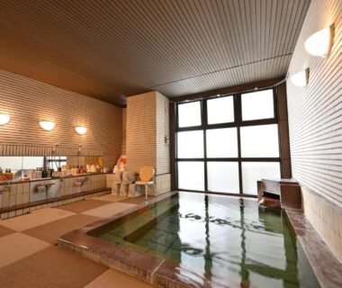 Indoor onsen bath with washing stations, tiled walls and wooden ceiling at Mimatsukan, Gunma