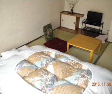 Futon on tatami floor with low table, cushion, and TV in a Mimatsuso Ryokan guest room in Hokkaidō