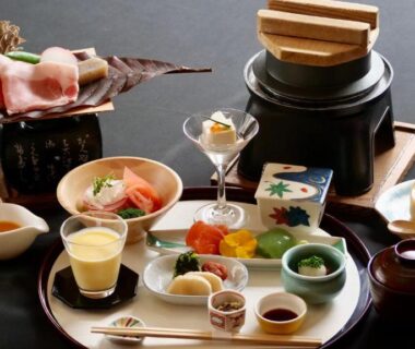 Assorted small Japanese dishes arranged for a traditional meal at Minakamisansou, Gunma, Kanto