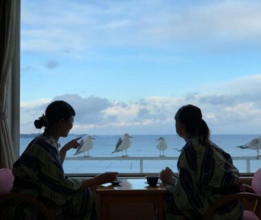 Two guests in yukata at window table with seagulls on railing, Minami Sanriku Hotel kanyo, Miyagi Tōhoku