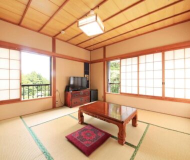 Traditional tatami room with low table, zabuton cushion, shoji screens and balcony overlooking greenery at Minshuku Fukufuji in Tochigi