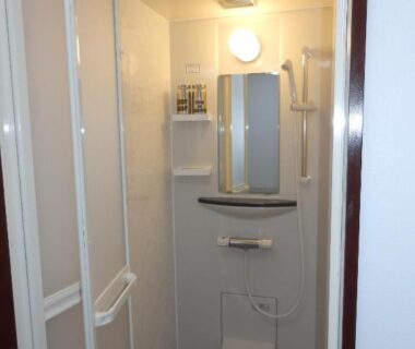 Compact shower stall with mirror, hand shower, folding door and towel rack at Minshuku Ginmatsu in Ishikawa