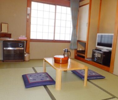 Tatami room with low table, zabuton cushions, shoji window and TV at Minshuku Iwatakan in Gifu