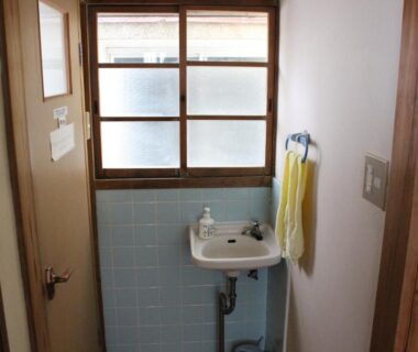 Compact washbasin and frosted window in a narrow washroom at Minshuku Katsuya Wakayama