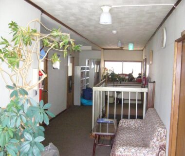 Interior corridor with sofa, potted plant, wooden railing and seating at Minshuku Mutsukari, Hokkaidō
