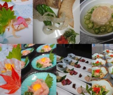 Assorted small plates of Japanese cuisine with seafood, garnishes, and decorative maple leaf at Minshuku Oe, Kyoto