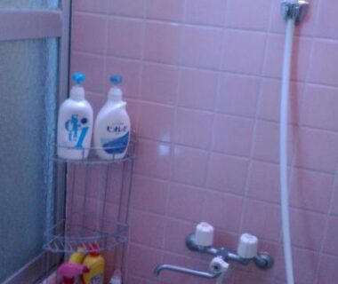 Pink tiled shower area with handheld shower, stools, toiletries at Minshuku Takahashi Kashibuneten, Shizuoka
