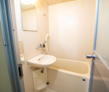 Compact unit bathroom with tub, sink and handheld shower at Mitomi Inn, Tokyo