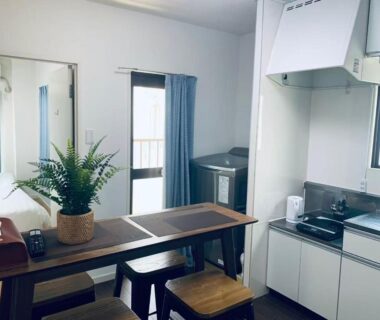 Compact kitchenette and dining counter with stools at Mitomi Inn, bright window and potted plant