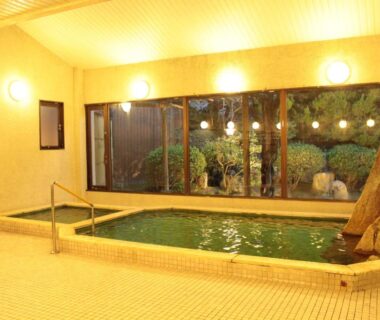 Indoor tiled onsen bath with garden view at Miyajima Seaside Hotel, Hiroshima