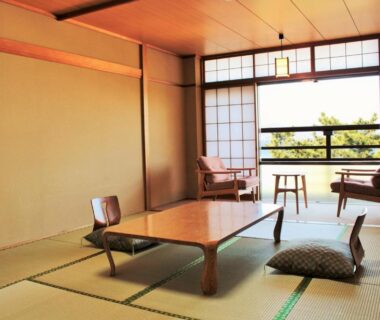 Traditional tatami room with low table at Miyajima Seaside Hotel, Chūgoku Hiroshima