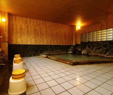 Tiled indoor onsen with stone bath and wooden walls at Miyamaso in Gifu, Chūbu, Japan
