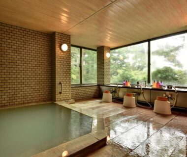 Indoor tiled onsen pool with washing stools and green foliage beyond windows at Mizu no Kaori in Kanagawa
