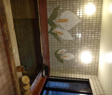 Tiled bathing area with wooden soaking tub Mizubasho no Yado Higashi Gunma Japan Kantō