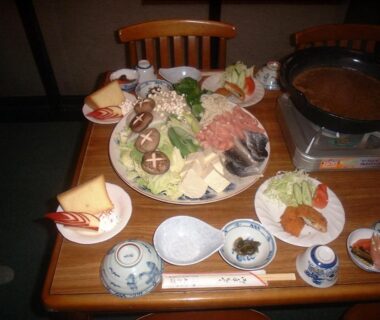 Nabe ingredients and tabletop hot pot set at Mizubaso ryokan in Gifu, Chūbu