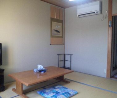 Tatami room with low wooden table, zabuton cushions, decorative alcove and TV at Mizuhokan in Mie, Kansai