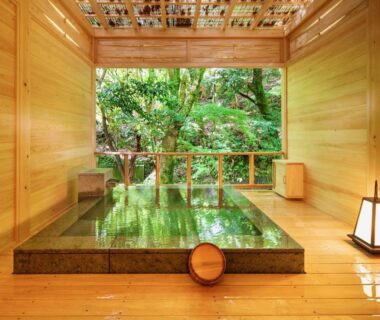 Stone soaking tub in wooden room at Mizumari with lush garden view, Shizuoka