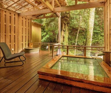 Covered wooden deck with soaking tubs, lounge chair and forest beyond at Mizumari, Shizuoka