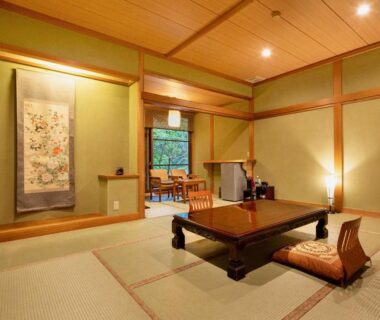 Tatami room with low table, zabuton cushions and tokonoma at Mizumari, Shizuoka, Chūbu Japan
