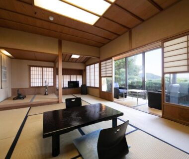 Tatami room with low table, zaisu chairs, shoji screens and sliding doors overlooking garden at Mizuno Ryokan