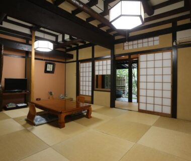 Traditional tatami room with low table and shoji screens at Momijiya Annex, Kyoto, Kansai, Japan
