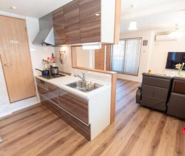 Compact kitchenette and living area at Mori House In 西日暮里I in Tokyo with wood flooring and sofa