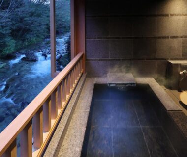 Stone-lined onsen bath with wooden railing and steam overlooking a riverside setting at Moritaya, Fukushima Tōhoku