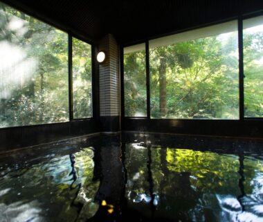 Reflective indoor onsen bath with large windows overlooking lush garden at Motoyu Ishiya, Ishikawa, Chūbu