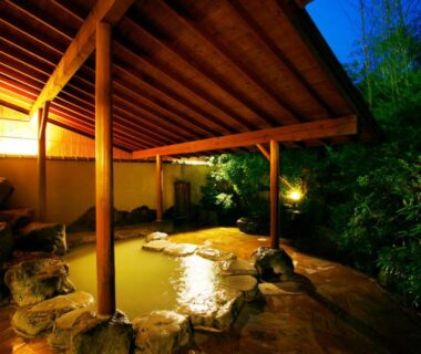 Covered stone onsen with lush greenery at Mount View Hakone, Kanagawa, Japan