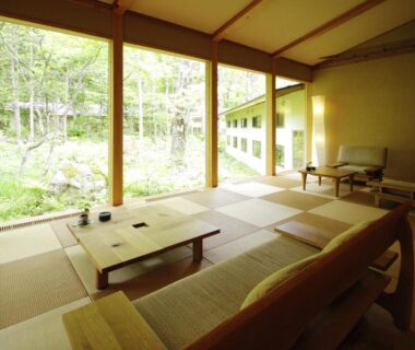 Tatami lounge with low table, sofa and garden view at Mozumo (Adult Only), Gifu, Chūbu