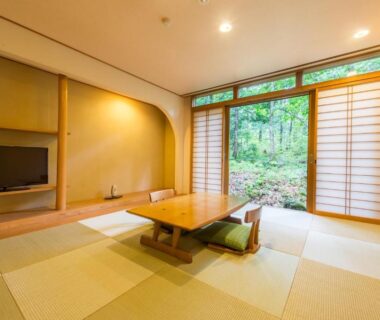 Tatami room with low table and shoji screens at Mozumo (Adult Only), Gifu, Japan