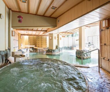 Indoor communal onsen baths with wooden panels, stone edging and large windows at Mt Fuji Hanayagi no Sho Keizan, Yamanashi