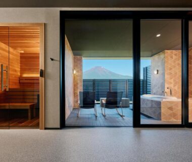 Wooden sauna interior and outdoor tiled bath at Ryokan Shizuku with Mount Fuji view, Yamanashi