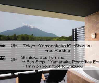 Lounge chairs facing snow-capped peak at Shizuku ryokan window in Yamanashi