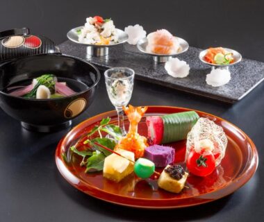 Lacquered tray with assorted seasonal dishes at Muromachi Yutone Kyokoyado Kyoto