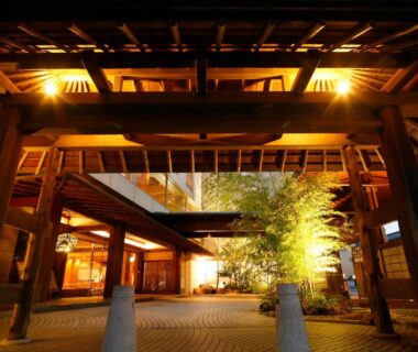 Traditional wooden entrance and courtyard at Musashi, Wakayama