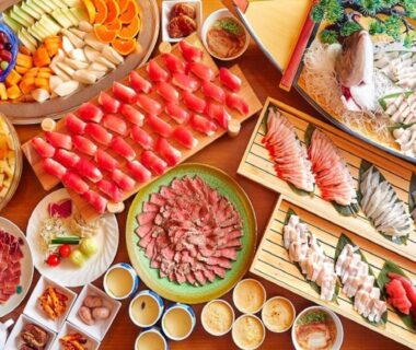 Assorted sashimi and nigiri spread at Musashi ryokan in Wakayama, Kansai, Japan