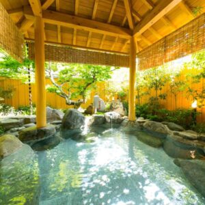 Stone-lined covered onsen bath with bamboo fence and greenery at Mutsumikan in Gifu