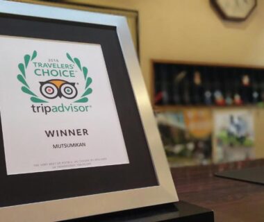 Framed TripAdvisor certificate on front desk at Mutsumikan in Gifu, reception area and shelves blurred behind