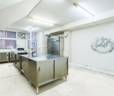 Stainless steel kitchen interior at Myoko Tsubame Iwatoya, Niigata prefecture, Chūbu