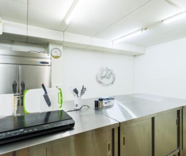 Commercial stainless steel kitchen with prep counter at Myoko Tsubame onsen Iwatoya, Niigata, Chūbu