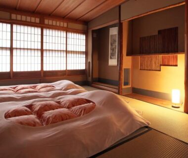 Traditional tatami room with futon bedding at NAGOMI Kyoto Okazaki, Kansai Japan