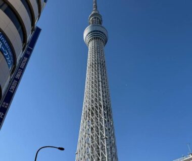 Tokyo Skytree tower rising above urban buildings near NEW Hotel Komugi in Asakusa, Tokyo