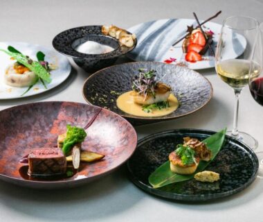 Assorted plated dishes with red and white wine at NIPPONIA HOTEL Takehara, Hiroshima