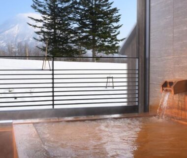 Indoor wooden onsen bath with mountain and snow view at NISEKO Inn of Youtei Raku Suisan, Hokkaidō