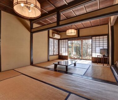 Tatami room with low table, shoji screens and garden view at Nagataki, Gifu, Chūbu