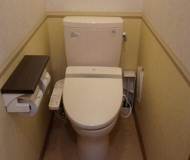 Compact toilet with electronic bidet controls in Nakaodaira ryokan bathroom, Gifu Chubu