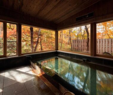 Indoor onsen bath with wooden ceiling and autumn foliage visible through large windows, Nakaodaira, Gifu