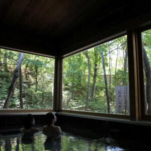 Indoor onsen bath with wide windows revealing lush forest, wooden interior, guests seated in the water